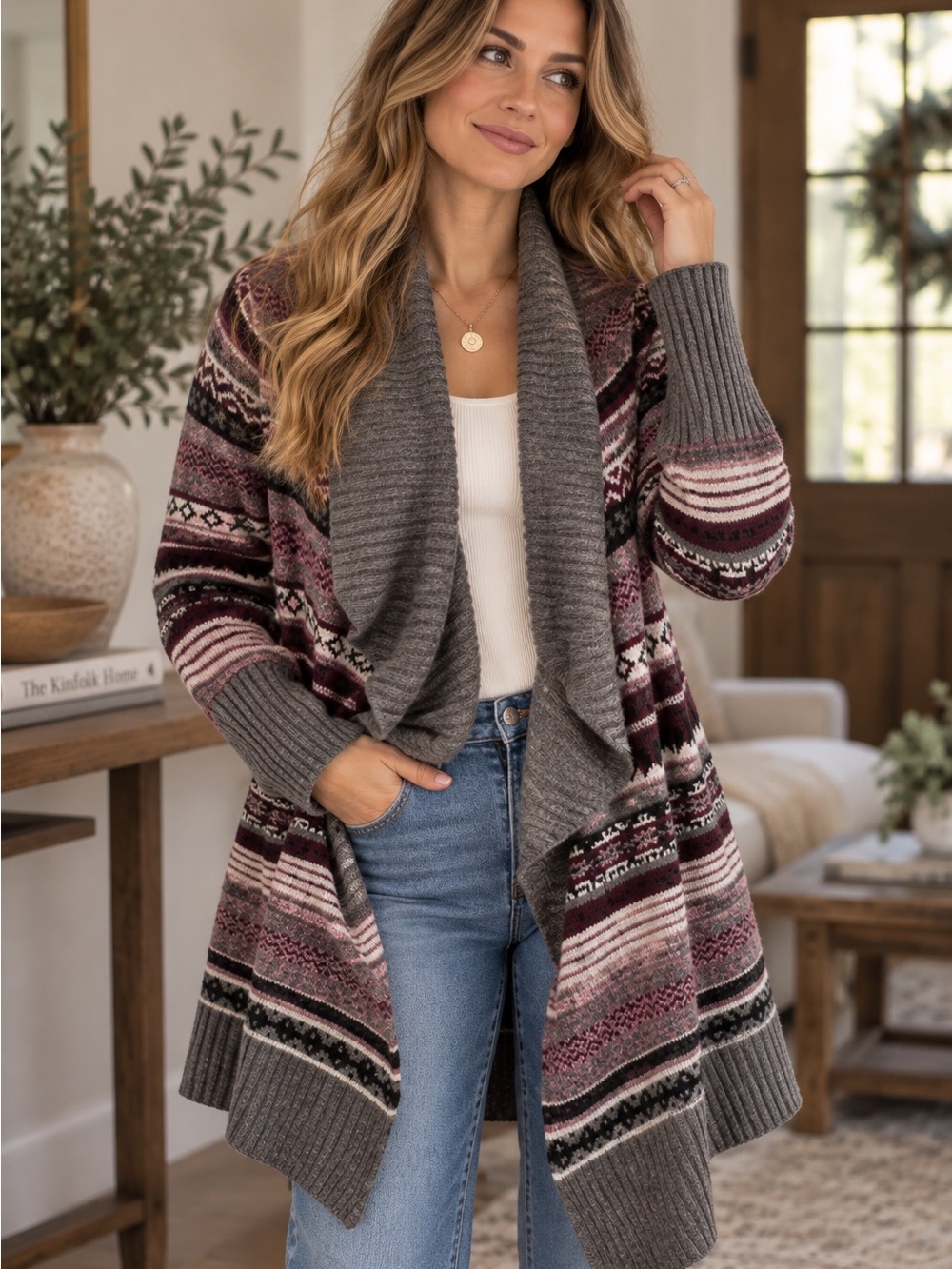 Medium jason maxwell Gray & Berry Fair Isle Shawl Collar Cardigan